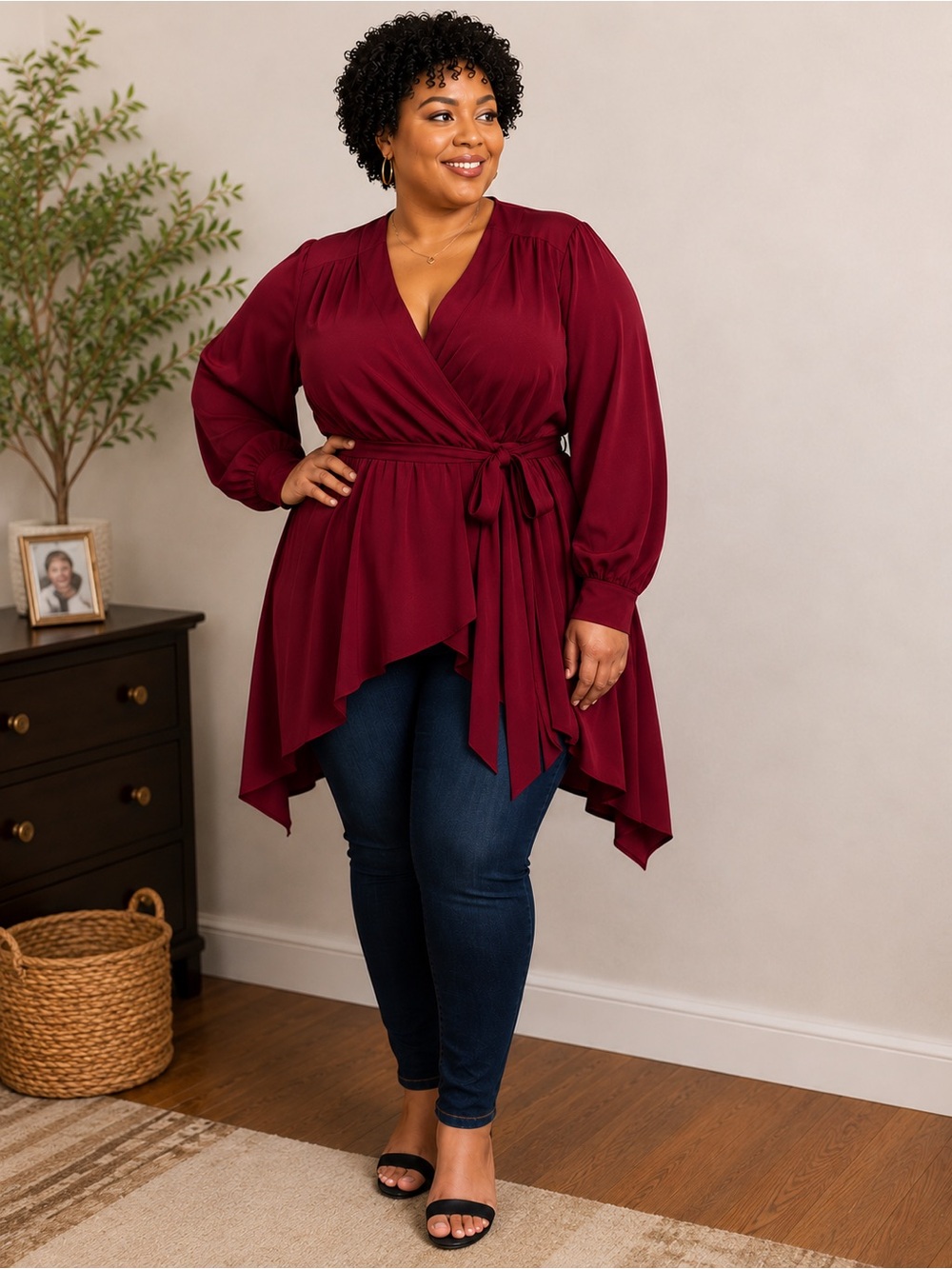 City Chic Maroon Wrap Blouse | Long Sleeve | Tie Waist | Plus Size size 22